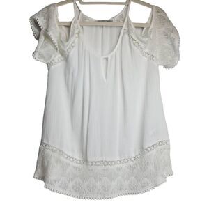 Heartloom Women's White Open‎ Shoulder Keyhole Pompom Lace Blouse Medium